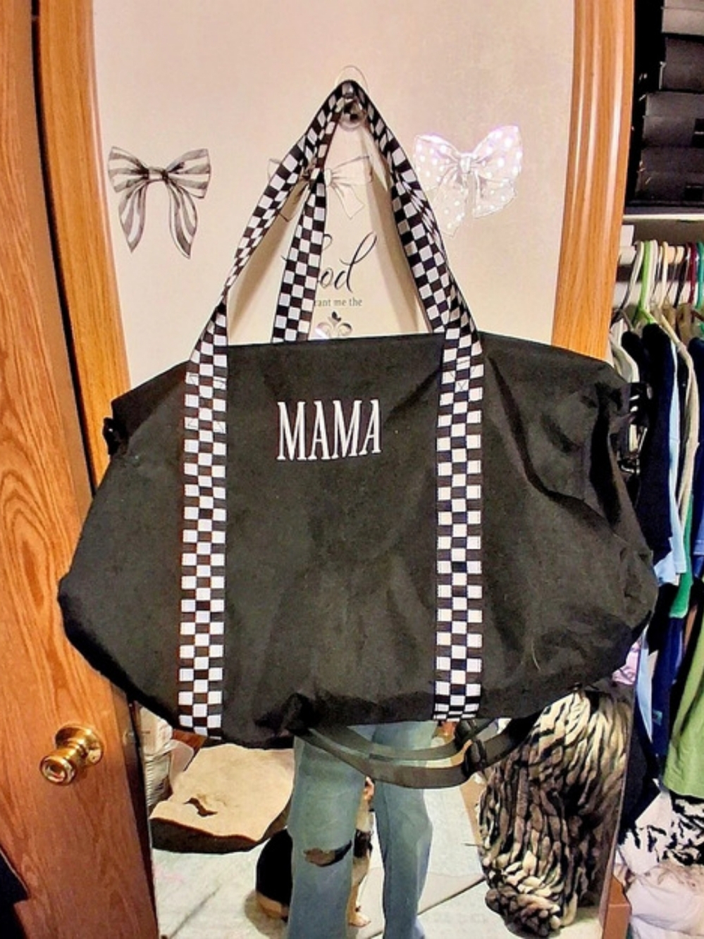 Mama Black & White Checkered Strap Tote